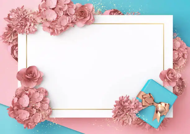 Photo of Beautiful banner or template with pink flowers and gift. Empty space for text. 3D render illustration. Background for birthday, anniversary congratulation, greeting card, invitation.