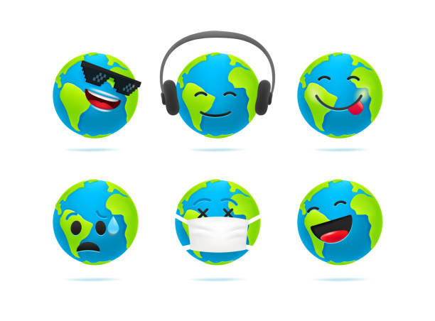 Cute Earth character emoticons vector set. 3d style funny Earth icons Vector illustration cartoon earth happy planet stock illustrations