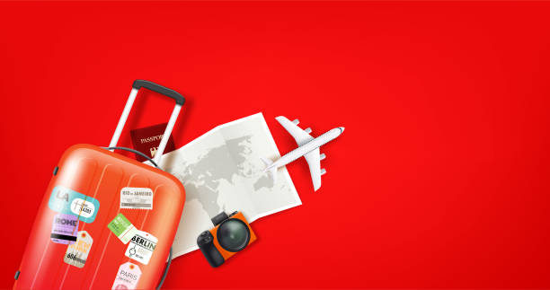 ilustraciones, imágenes clip art, dibujos animados e iconos de stock de ilustración de viaje con diferentes personal. bolsa roja, mapa, modelo de avión, cámara - flying vacations doodle symbol