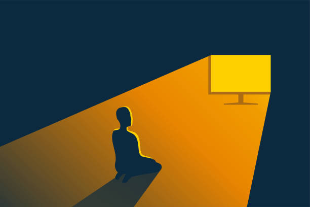 TV addiction, person sitting and looking at screen TV addiction concept - person in spotlight sitting and looking at television screen. Vector illustration kids watching tv stock illustrations