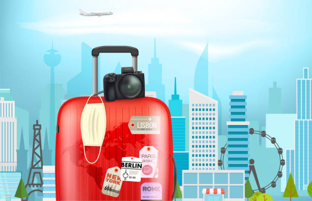 istock Vacation on pandemic. Concept with color plastic suitcase and protection mask in a city. Vector banner 1310428617