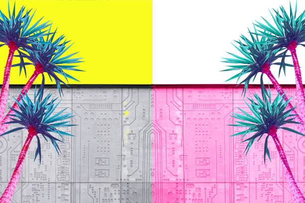 istock Abstract pink and turquoise palms on a yellow background and a gray building 1310428679