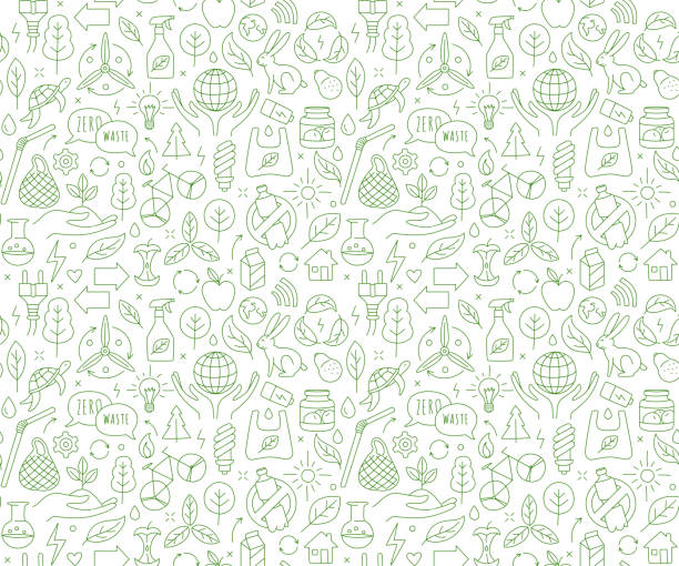 No plastic, go green, Zero waste. Reduce, reuse, refuse, Reycle No plastic, go green, Zero waste concepts. Reduce, reuse, refuse, Reycle, Rot - ecological lifestyle and sustainable development. Linear icons style illustration seamless pattern doodle drawing. sustainable resources stock illustrations