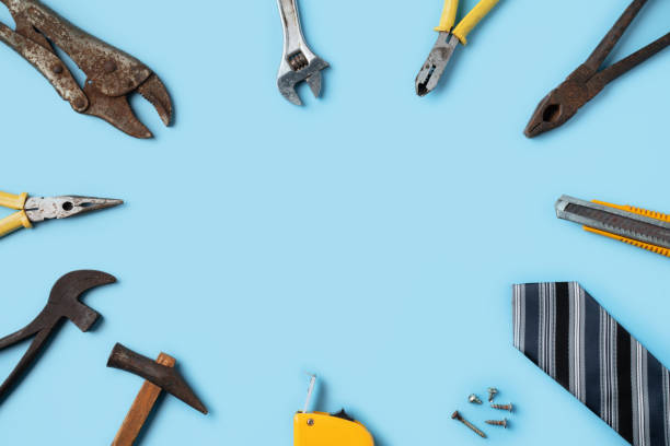 istock Top view design concept of Father's day with working tools on blue background. 1310432511