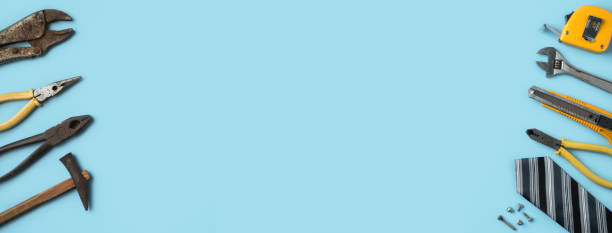 istock Top view design concept of Father's day with working tools on blue background. 1310432524