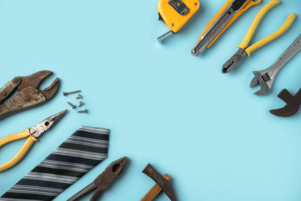 istock Top view design concept of Father's day with working tools on blue background. 1310432540