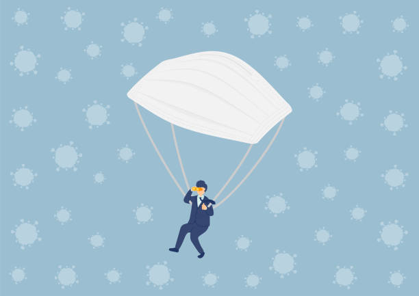 istock Survive Businessman with Medical Mask Parachute, Economic crisis exit from covid-19 virus concept poster and social banner horizontal design illustration isolated on blue background, vector eps 10 1310437238