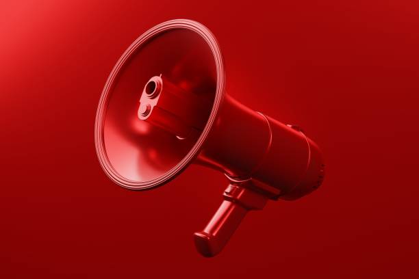 istock Red Megaphone with gun and bullet 3D rendering, Protest against crime violence concept poster and social banner horizontal design background with copy space 1310437368