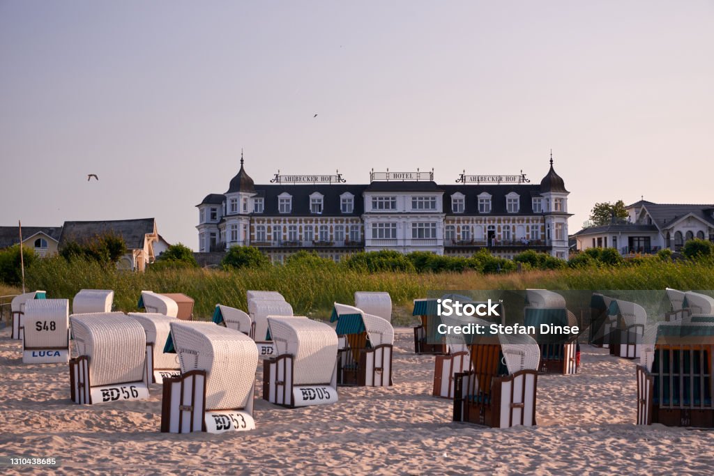 View of Hotel Ahlbecker Hof from the beach with beach chairs City Stock Photo