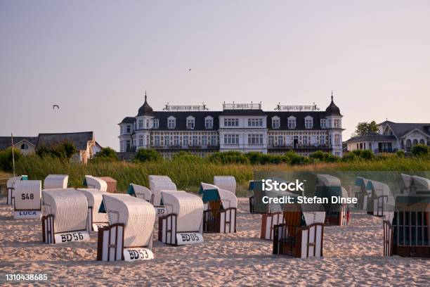 View Of Hotel Ahlbecker Hof From The Beach With Beach Chairs Stock Photo - Download Image Now