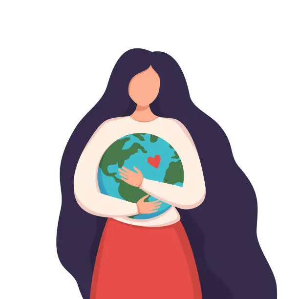 Vector illustration of A woman with long dark hair hugs the Earth. Take care of our planet. Day or hour of the Earth. Love and care for the environment