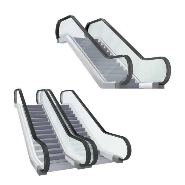 Vector illustration of Set of realistic escalator stairway electronic equipment vector illustration. Moving ramp stairs