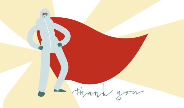 istock Medical professional in virus protection suit standing proudly while wearing super hero cape. Vector art in minimal style. Thank you handwritten phrase. 1310439798