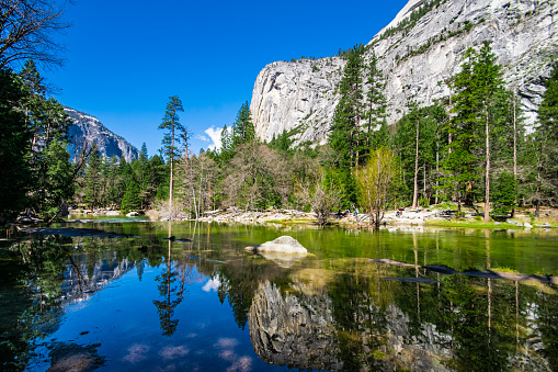 Scenic image taken in Yosemite National Park featuring forests, mountain peaks, vibrant blue sky with fluffy white clouds. Evoking ideas of travel and adventure in the great outdoors