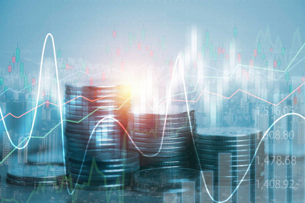 Coins stacking and technical chart graph for stock market investment and financial concept. Coins stacking and technical chart graph for stock market investment and financial concept. stock certificate growth price market stock pictures, royalty-free photos & images