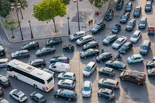 Cars stuck in traffic jam on the Place de l'Etoile near Arc de Triomphe in Paris