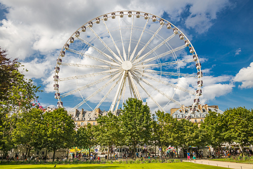 Ferris wheel of the Jardin des Tuileries in Paris France on a Summer day with blue sky and white clouds