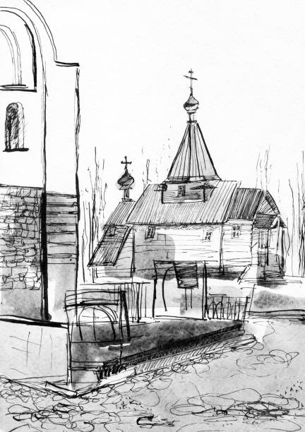 illustrazioni stock, clip art, cartoni animati e icone di tendenza di vecchia chiesa in legno in stile russo. illustrazione a inchiostro ad acquerello - illustration and painting christian orthodox vertical black and white