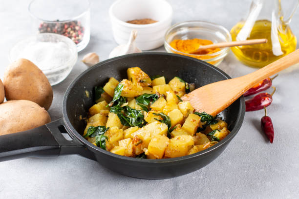 Aloo Palak sabzi. Spinach Potatoes curry served in a bowl. Ingredients. Step by step cooking. Popular Indian healthy recipe