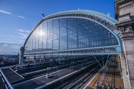 Berlin, Germany - June 06, 2023: People walking towards the main entrance to Berlin Hauptbahnhof, the city's main train station.