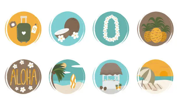 Vector illustration of cute Vector set of logo design templates, icons and badges for social media highlight with Tropical summer hawaii elements