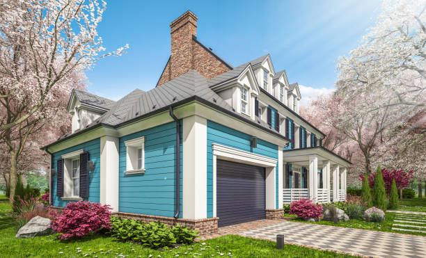 istock 3d rendering of modern classic house in colonial style in spring day 1310447792