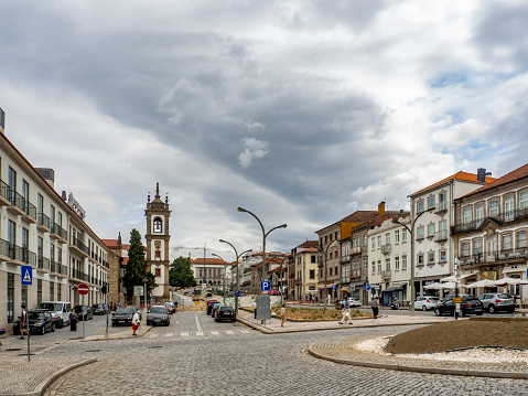 Vila Real , Portugal; August 2020: Tourists and locals enjoy the pedestrianized street with attactive boutiques and cafes in Vila Real
