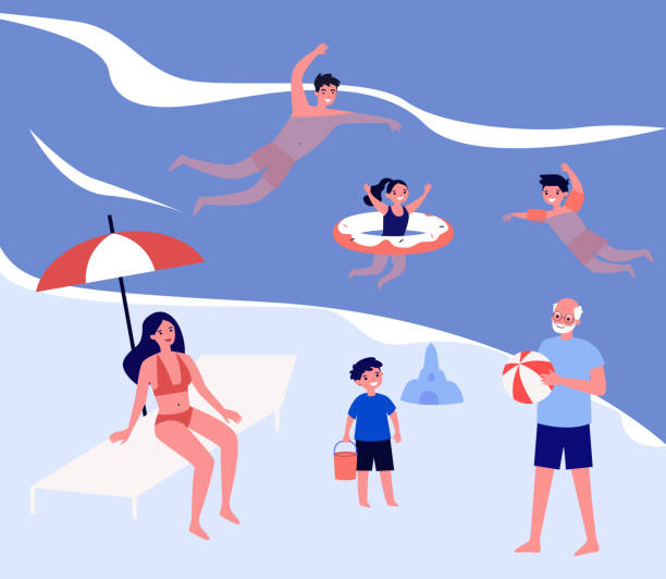 ilustrações de stock, clip art, desenhos animados e ícones de smiling people relaxing and having fun on sea - vector sand summer smiling