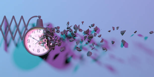 istock wall clock in neon light falling apart into small parts 1310448898