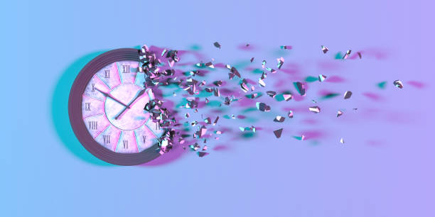 istock wall clock in neon light falling apart into small parts 1310448903