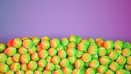 large pile of tennis balls in neon light, 3d illustration