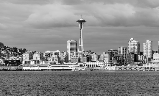 Monochrome shot of the Seattle skyline.