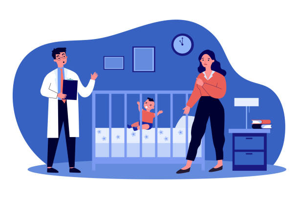 Physician treating little baby and talking with mom Physician treating little baby and talking with mom. Disease, child, home flat vector illustration. Medicine and healthcare concept for banner, website design or landing web page crying baby cartoon stock illustrations
