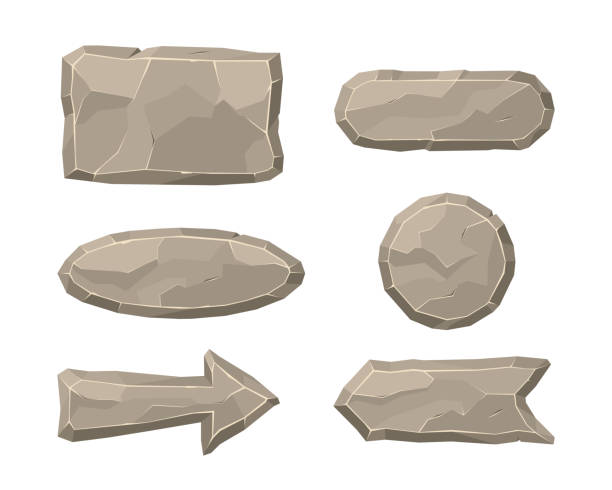 Stone elements of interface flat vector illustration Stone elements of interface flat vector illustration. Cartoon panel of rubble rocks in form of frames, figures or buttons. Prehistorical, wild, nature concept for apps, banner or web design boulder rock stock illustrations