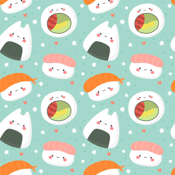 ilustraciones, imágenes clip art, dibujos animados e iconos de stock de sushi patrón sin costuras, lindo y kawaii sushi carácter ilustración - sushi cartoon food wallpaper pattern