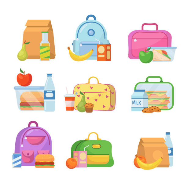 schule mittagessen boxen für kinder vektor-illustrationen set - lunch box packed lunch apple symbol stock-grafiken, -clipart, -cartoons und -symbole