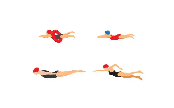 Vector illustration of Four different girls with   swimming cap and ring are wimming in the pool.