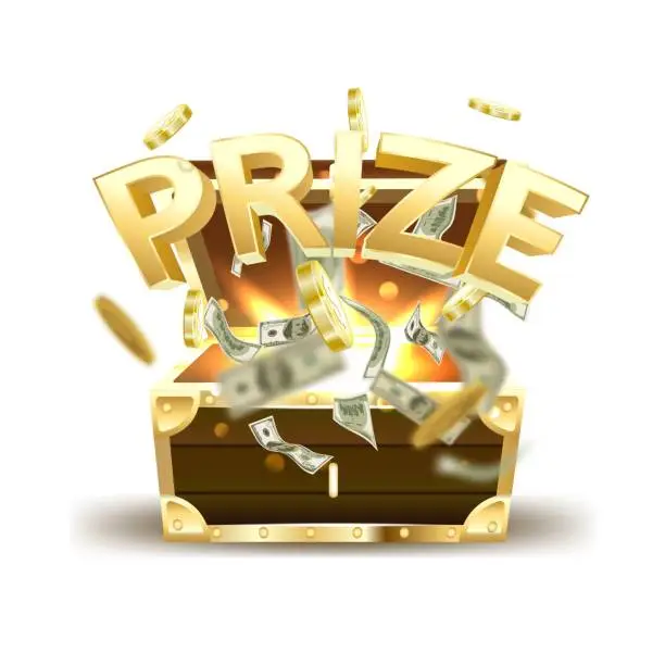 Vector illustration of Gold text prize from a chest of coins and cash.