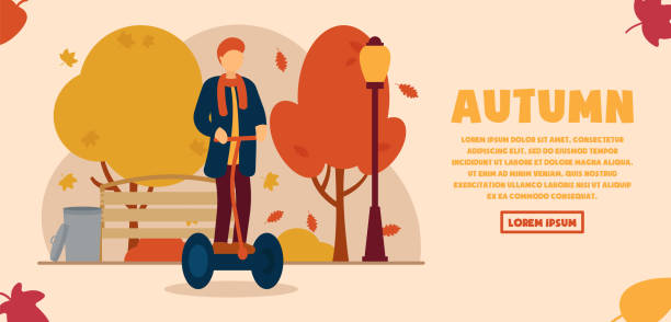 vector herbstkonzept. ein mann in herbstkleidung fährt einen segway in einem park, wo blätter fallen, es gibt eine laterne, eine mülltonne und eine bank. herbstsport. kann für website oder web-banner verwendet werden. - segway business park men stock-grafiken, -clipart, -cartoons und -symbole