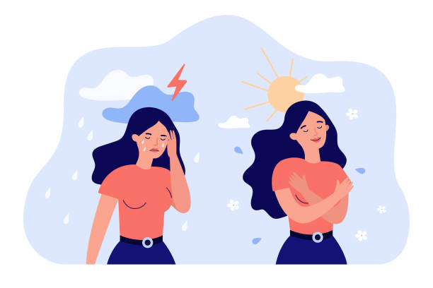 мультфильм женщина в плохом и хорошем настроении плоский вектор иллюстрации - mental health depression illness healthy lifestyle stock illustrations