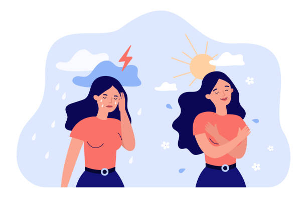 Cartoon woman in bad and good mood flat vector illustration Cartoon woman in bad and good mood flat vector illustration. Girl in stress of premenstrual syndrome and calm state of mind. PMS, woman and mental health problems concept for landing page, design sad woman thinking stock illustrations