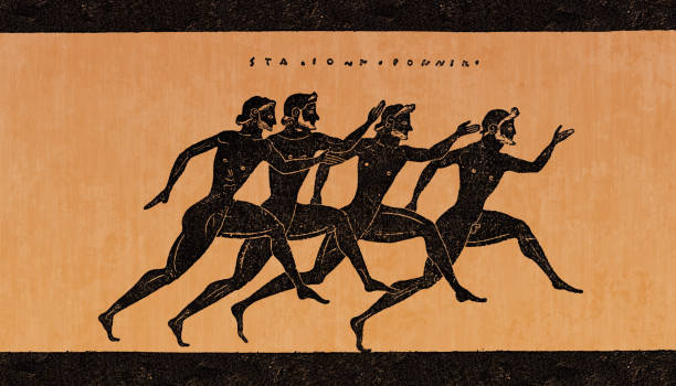 ilustraciones, imágenes clip art, dibujos animados e iconos de stock de jarrón griego que muestra a atletas corriendo una carrera en olympia grecia - olympia