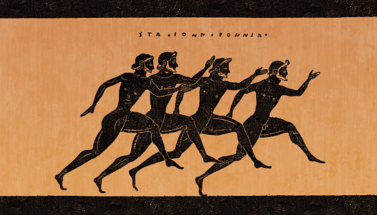 Greek vase showing men running a race ( Fifth period 431 - 404 )
Original edition from my own archives
Source : Historia de los griegos 1891