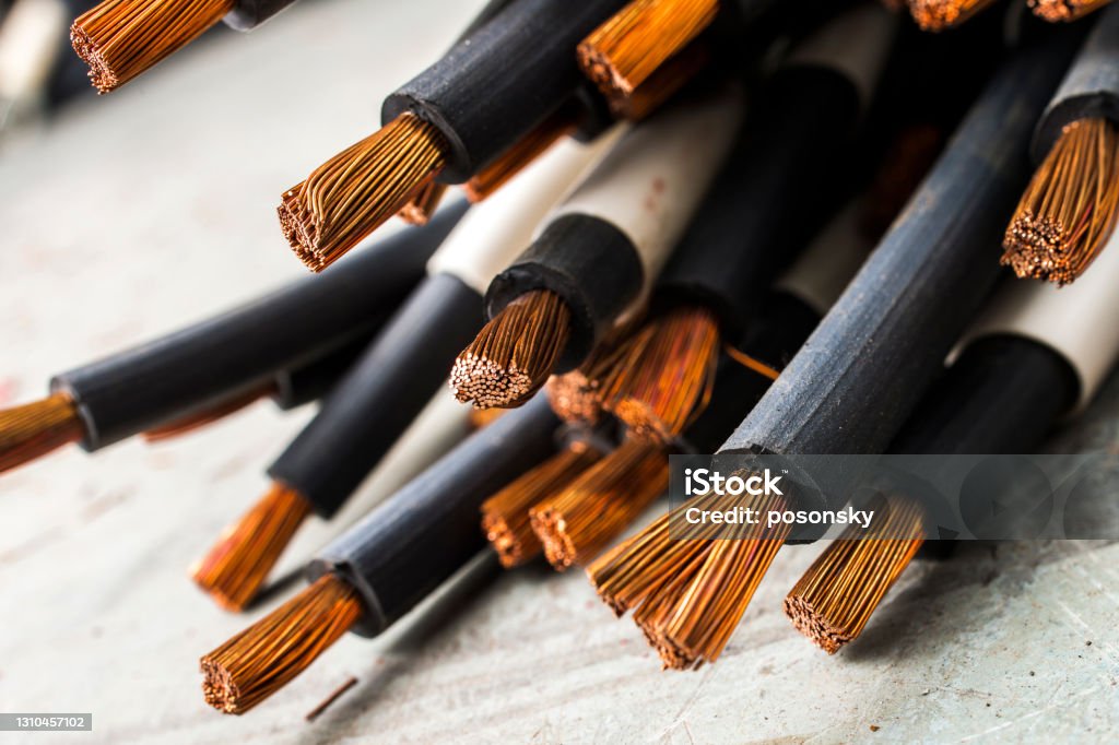 bare stranded wires, stranded wires on the table Cable Stock Photo