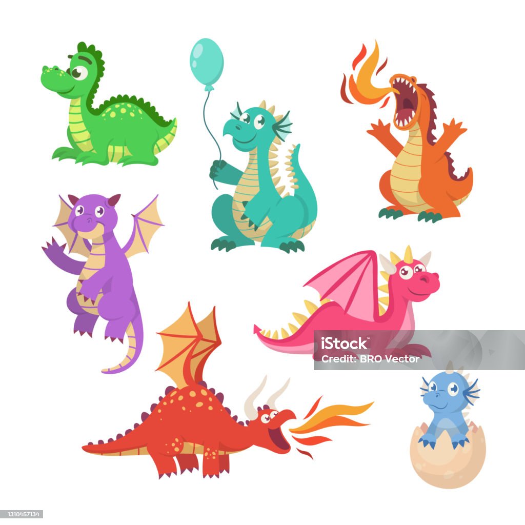 Cartoon Fairy Dragons Vector Illustrations Set Stock Illustration -  Download Image Now - Dragon, Dinosaur, Cute - iStock