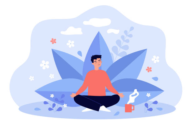 Young man with cup of tea meditating among plants and flowers Young man with cup of tea meditating among plants and flowers. Colorful vector flat illustration. Healthy lifestyle, holistic mental therapy, wellness and self care concept patience stock illustrations