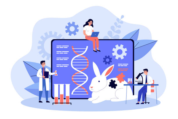 Genetic engineering researcher scientist group Genetic engineering researcher scientist group. Man and woman researchers and experiment with animal dna and gen. Future medicine, biology, zoology and genetic. Flat colorful vector illustration laboratory drawings stock illustrations