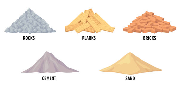 Different building materials vector illustrations set Different building materials vector illustrations set. Piles of construction materials, rocks, planks, bricks, cement, sand on white background. Building, construction material, industrial concept gravel mound stock illustrations