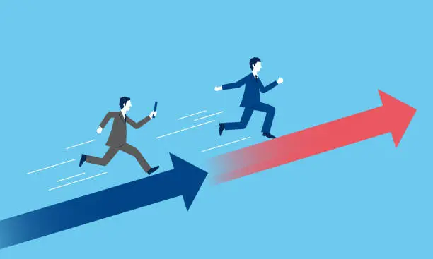 Vector illustration of Business succession image,businessperson pass the baton,with arrow,blue background
