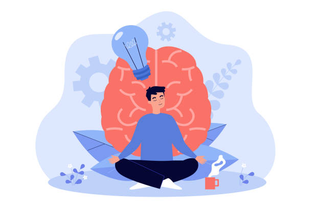 Cartoon young man practicing meditation flat vector illustration Cartoon young man practicing meditation flat vector illustration. Person character doing yoga exercises for mental and physical health, clear mind, harmony. Health, yoga, meditation concept for design relaxed stock illustrations